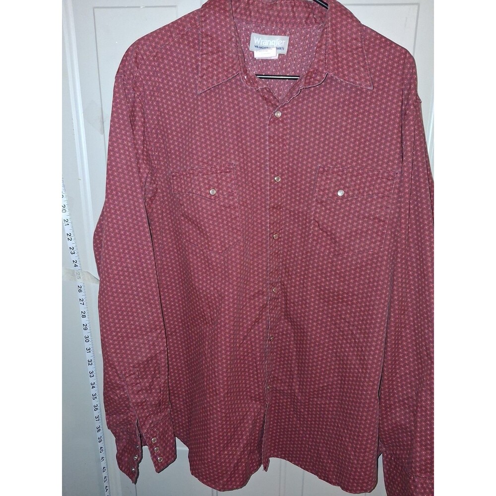 Wrangler Wrancher Western Pearl Snap Shirt XL Burgundy Geometric Print Long...
